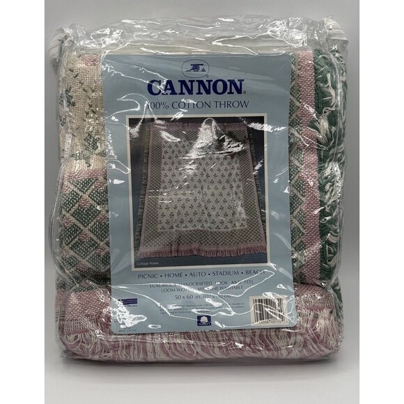 Vtg Cannon Cotton Throw Blanket Cottage Roses NOS Woven Beige Grandma USA - Picture 3 of 14